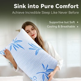 btasleeep Cooling Bed Pillows for Sleeping, Shredded Memory Foam Pillows Standard Size Set of 2, Breathable Rayon Derived from Bamboo Pillow for Side, Back, Stomach Sleepers