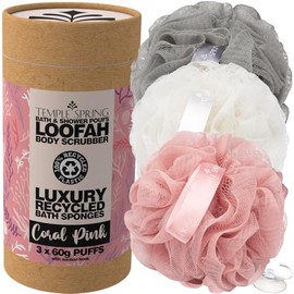 Temple Spring, Puf de ducha reciclado ecológico, lufa de baño, cepillo para el cuerpo, esponja de malla, coletero exfoliante para el baño, paquete múl