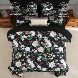 Anibedding 7Pieces Floral Queen Size Comforter Set, Garden Plant Flower Style Bed in a Bag Black White Bedding Comforter Set with Pillow Case for Bedroom
