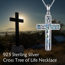 SHEAISRS Tree of Life Cross Necklace 925 Sterling Silver Abalone Shell Religious Jewelry for Women Mother