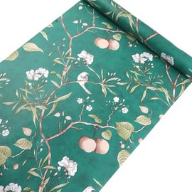 ZAMNEA Peach Tree Peel and Stick Shelf Liner Paper, Green Background White Flowers Bird Self-Adhesive Liner Drawer Cabinets Door Surface Living Room Wall Art Decor 17.8 x 118 inch