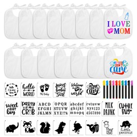 47pcs DIY Baby for Bibs Decorating Kit, Including 15pcs White Baby for Bibs to Decorate, 22pcs Baby Stencils for Painting, 10pcs Fabric Markers, Blank Design for Bibs, Baby Shower Game