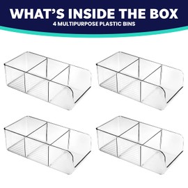 ELTOW 4 Pack Snack Organizer for Pantry, 3 Compartment Plastic Pantry Organizer Bins with Removable Dividers, Chip Organizer for Pantry, Food Packets, Spices, Condiments, Fridge, Cabinet, Kitchen