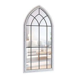 IPOUF Arch Window Mirror,24X46inch Farmhouse Windowpane Wood Framed Rustic Mirror with Metal Inner Frame, Perfect for Entryway & Living Room, White