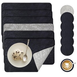 Table Mats and Coasters Set for 6, Leather Dining Placemats Waterproof Non Slip Heat Resistant, Reversible Two-Tone Easy to Clean Floral Place Mats for Home or Hotel 30x20cm Black Grey