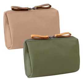 2pzs Bolsa de Maquillaje para Mujer, 16×10cm Cosmetiquera de Viaje para Maquillaje,Neceser de Maquillaje Impermeable para Mujer,con Cremalleras Dobles y Compartimentos Internos (Verde + Caqui)