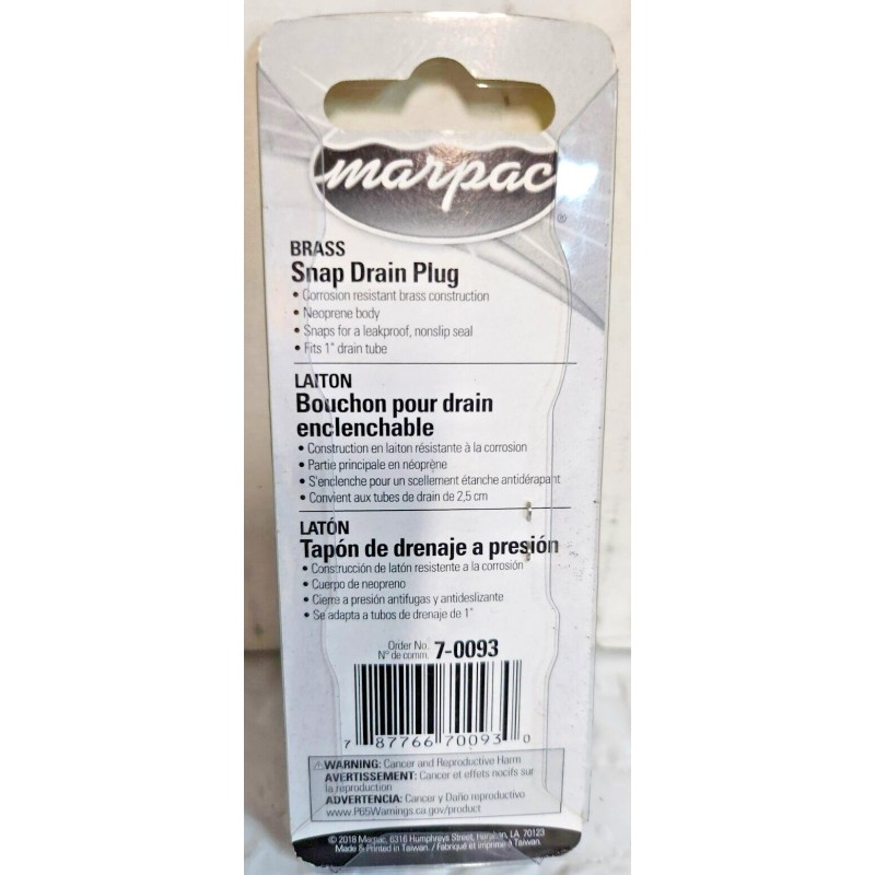 Marpac 1 " BOAT SNAP DRAIN PLUG, WORKS W/ Marine