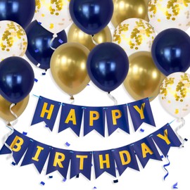 Gidobo Happy Birthday Banner for Boy Men, Navy Gold Birthday Party Decorations with 16pcs 12" Latex Balloons Bunting for Birthday Party Supplies