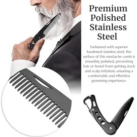 Peine plegable de acero inoxidable para barba, peine de bigote portátil, kit de aseo de barba - negro