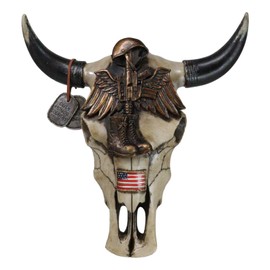 Ebros Gift Rustic Western Patriotic USA American Fallen Soldier Helmet Rifle Boots Dog Tags and Angel Wings Veteran Cow Skull Solemn Memorial Wall Decor Plaque Figurine