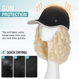 Lansigreen Quick Dry Hat with Hair Extensions Lightweight Hat Wig Adjustable Outdoor Baseball Cap Attached 15" Curly Wave Hairpiece Synthetic for Women Bleach Blonde
