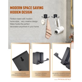 2 Pack，Upgrade Wall Hook，Waterproof Black Bathroom Hooks，Foldable Towel Hooks for Bathrooms，Coat Hooks Wall Mounted，Free Perforated，Robe Hook Holder，Hand Towel Hook，Hat Hook，Also for Balcony，Kitchen.