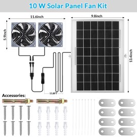 Glooglitter 1 Set Solar Fan for Greenhouse, 10 W Solar Panel Fan Kit with Bracket Waterproof Solar Exhaust Fan Solar Dual Fan for Intake or Exhaust Air for Attic, Shed, Barn, Chicken Coop, Dog House