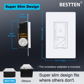BESTTEN Super Slim Digital Led Dimmer Switch with Air Gap Power Cut Off Switch, 3 Button Control, Single Pole or 3 Way Dimmable Dimmer, Screwless Wallplate Included, ETL Listed, White