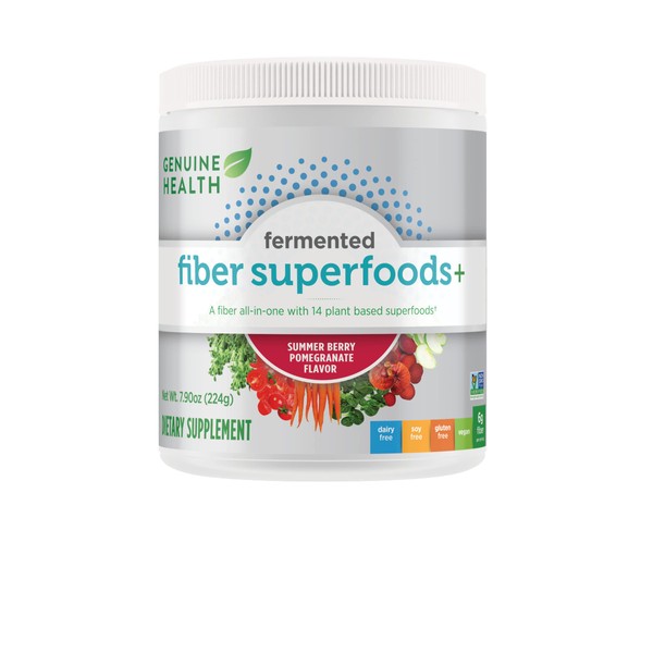 Genuine Health Fermented Fiber superfoods+, 21 Servings, 224g tub, 6g Fiber per Serving, Summer Berry Pomegranate Flavor, Easy-to-Mix Powder, Gluten, Dairy, Soy and GMO-Free, Vegan