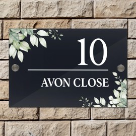 Badgemaster Floral Modern Anthracite House Number Sign Plaque Stainless Steel Standoffs 20cm x 13cm Green Flowers