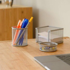 Relaxdays 3-Piece Metal Stationery Desk Organizer, Mesh, Note Box, Pen Holder and Paperclip Tray, Black