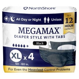 NorthShore MegaMax Adult Overnight Diapers, 12-Hour Tab-Style, X-Large, 4 Count Starter Pack, Black, 50-60 inches, Unisex Incontinence Underwear