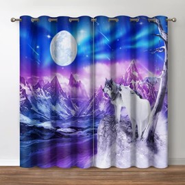 Jekeno Snowy Wolf Blackout Curtains, Starry Sky Aurora Colorful Print Decor, Mountains Chilly Theme Grommet Window Drapes for Home Bedroom Living Room, 42 Wide 54 Long Inches 2 Panel Set