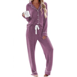 Ekouaer Women's Soft Comfort Sleepwear Winter Warm Long Loungewear Pajamas Set Buttons 2 Piece Night Set (Cherry Red,L)