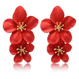 GPASTG Elegant Bohemian Large Metal Double Flower Matt Earring Chic Statement Dangle Drop Wedding Earrings For Women Cute Statement Jewelry Gifts (Red)