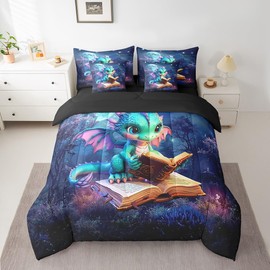 Cartoon Dragon Bedding Set,Mysterious Jungle Moon Night Full Comforter Set with Sheets for Kids Boys Girls Teens Room Decor,Western Animal Bed in a Bag 7 Piece for Bedroom Living Room