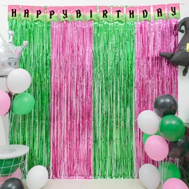 Witch Birthday Party Supplies, Including 2 Pack Pink and Green Foil Fringe Curtains, Witch Party Balloons & Witch Themed Birthday Banner for Witch Themed Photo Booth Prop Streamers Backdrop