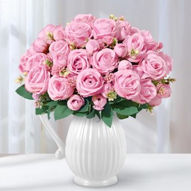 Fake Roses Artificial Flowers, 2 Pack Rose Fake Flowers for Decoration, Real Touch Pink Roses Bouquets Silk Flowers for Vase Centerpiece Table Wedding Party Bridal DIY Decor