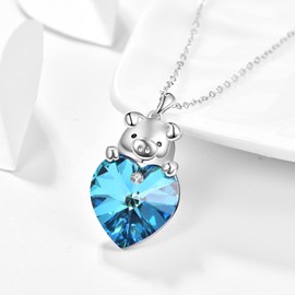AENEAS Pig Necklace Sterling Silver Heart Blue Crystal Necklace Cute Pig Pendant Jewellery Gifts for Women Girls