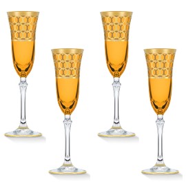 Lorren Home Trends Amber Color Champagne Flutes with Gold Rings, Set of 4