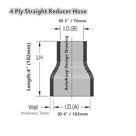 AotoKoop AotoKoop ID 3" to 4" Silicone Straight Reducer, Length 4" (102mm), 4-Ply Reinforced Wall Thickness 0.2 (5mm), High Performance Automotive Pure Silicone Coupler Hose, Red