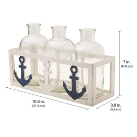Elements Glass Vases in Nautical Anchor Wood Caddy, for Use with Faux or Dried Flowers, 10.83x3.94x7 Inch Set of 3