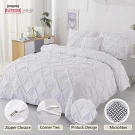 eBeddy Linens Pinch Pleated Pintuck Duvet Cover Set Super King 108x98 Inch 100% Microfiber Soft and Breathable 3 Pieces Premium Comforter Cover Zipper Closure & Corner Ties, White