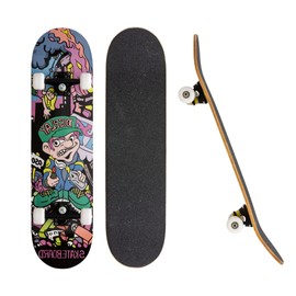 ROFFT Complete Skateboard for beginners 31 inch full skateboard for kids teens and adults, 8 ply Arce Maple double kick deck Cruiser, colour Aluminiun Truck, Suitable for beginners skatepark (Design2)