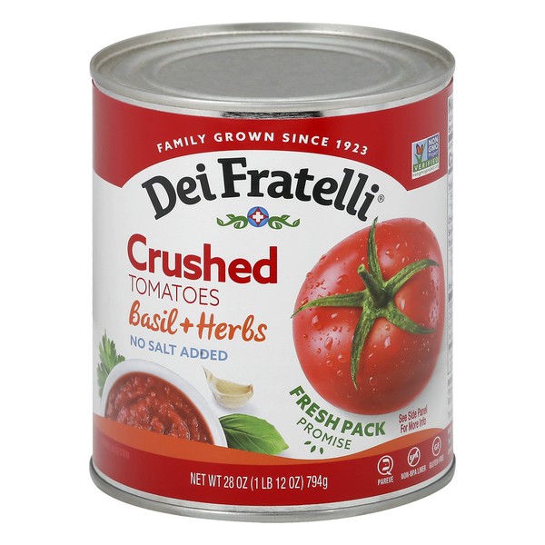 Dei Fratelli Crushed Tomatoes with Basil, Garlic, and Herbs - All-Natural Vine-Ripened - No Water Added, No Salt Added - Non-GMO, Gluten-Free (28 oz. Cans, 12 pack)