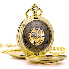 TREEWETO Vintage Pocket Watch Mechanical Double Cover Hollow Case Skeleton Steampunk Deer Case Men Women, Golden
