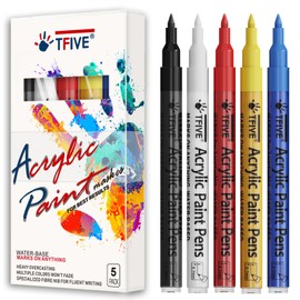 TFIVE Paint Marker Paint Pens - 5 Colors Acrylic Permanent Marker, 0.7mm Extra Fine Tip Paint Pen for Art Projects, Drawing, Rock Painting, Ceramic, Glass, Wood, Plastic, Metal, Canvas DIY Crafts