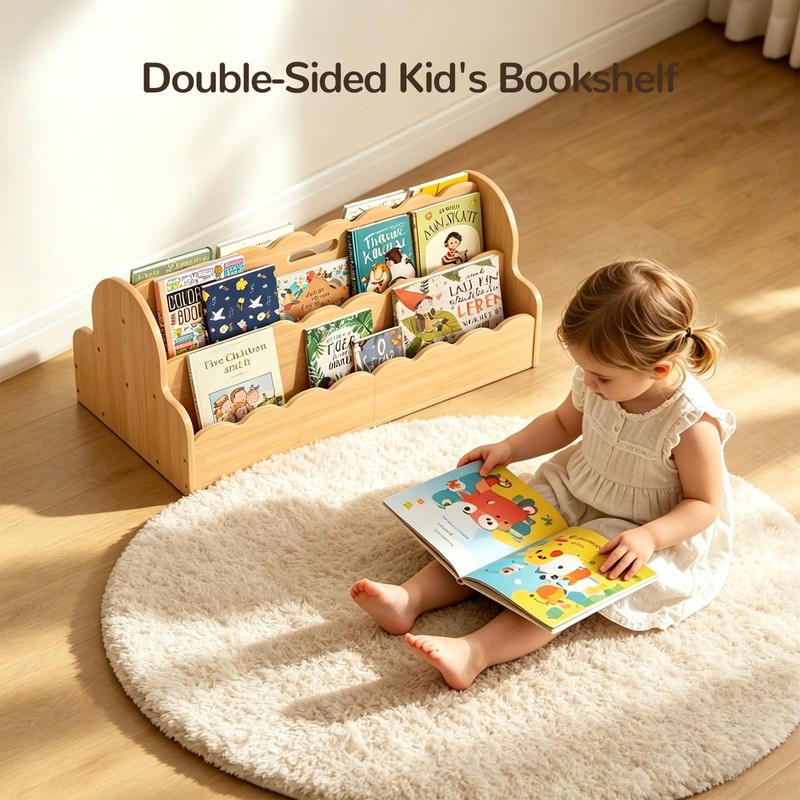 Bamboo Kids Bookshelf with Handles, 4-Tier Double-Sided