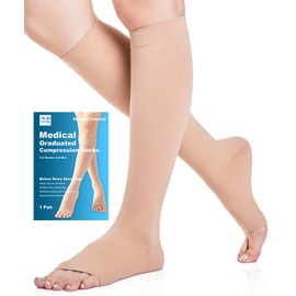 Open Toe Medical Compression Stockings Women & Men 20-30 mmHg Class 2, Size S-4XL, Compression Socks Support Stockings for Varicose Veins Edema Flight, beige