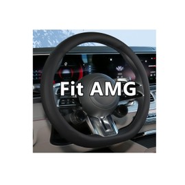 OHHMNKK D-Shaped Steering Wheel Cover for Mercedes-Benz AMG A35 A45 C43 C63 E53 E63 S63 GLA GLC GLE GLS G63 AMG GT, 14.5-15" Perforated Leather Anti-Slip Compatible Heated Wheels (Black)