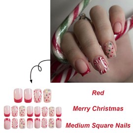Christmas Red French Tips Nude Press on Nails Short Square with Cane Candy Designs Christmas Cute Full Cover Acrylic Glossy Nails Xmas Winter Glue on Nails for Woman Girls 24Pcs
