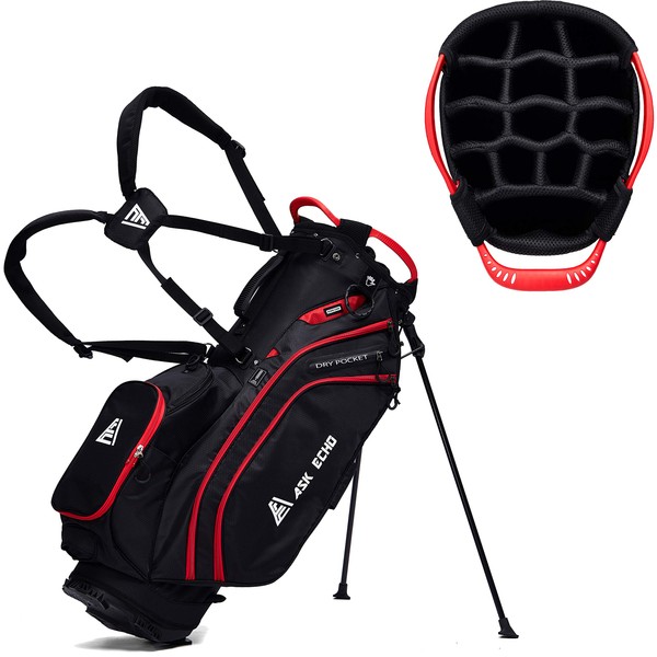 ASK ECHO Lightweight Golf Stand Bag with 14 Way Full Length Dividers Including Oversize Putter Tube, 9 Pockets, with Rain Cover, Black
