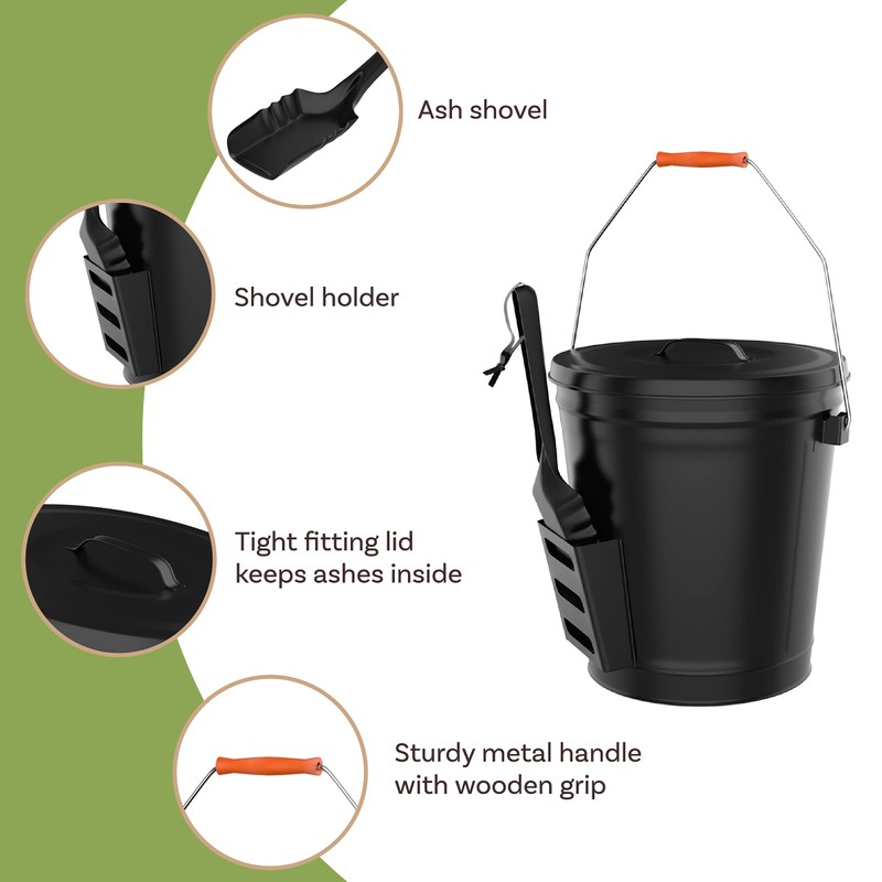 Ash Bucket - 4.75-Gallon Metal Bucket with Lid and Shovel