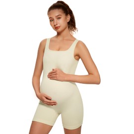 Angelhood Ribbed Maternity Bodysuit Square Neck Maternity Romper Pregnancy Shapewear Sleeveless Tank Top Jumpsuit, Medium Beige