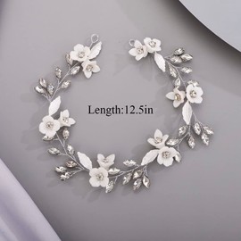 Chargances Bride White Flower Headband Wedding Crystal Hair Vine Bridal Leaf Rhinestone Headpiece Handmade Hair Accessories for Women and Girls (Silver)