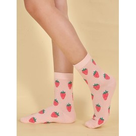 SHENHE Women's Striped Letter Print Athletic Running Above Ankle Crew Socks Pink Strawberry Print 36-39