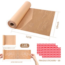 Honeycomb Packing Paper 12"Wx131'L-Bubble Wrap Substitute Alternative for Shipping, Moving Supplies, Small Business Packaging, Packing Boxes & Gifts Wrapping Paper with 20 Fragile Stickers