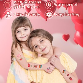 Partywind 56 Sheets Temporary Tattoos for Kids Valentine's Day, 560 Styles Love Heart Tattoo Stickers for Kids Valentines Party Supplies Favors, Exchange Games Prizes for Kids Classroom
