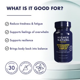 Higher Nature - Ashwagandha & Rhodiola Complex - Reduce Fatigue - Holy Basil Extract - Ashwagandha Capsules - Vegetarian & Vegan - 30 Capsules
