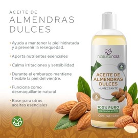 Aceite de Almendras Dulces Naturalness 1 Litro | 100% Puro y Natural | Hidratante Corporal, Masajes, Cabello y Uñas | Ideal para Piel Seca y Sensible